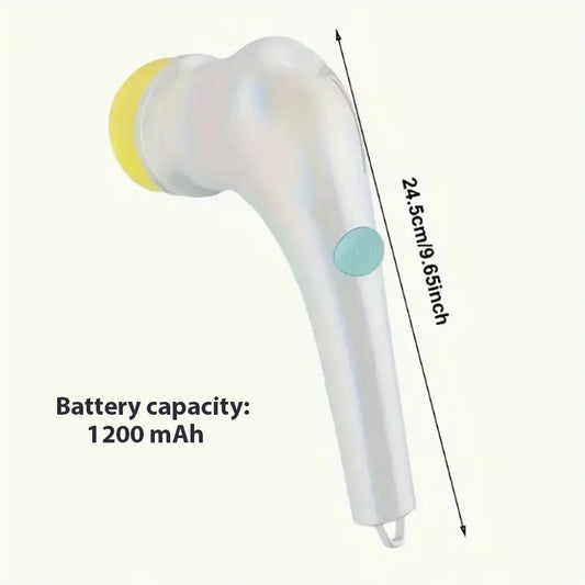 The five-in-one electric rotating cleaning brush features replaceable heads and supports USB charging. It can clean kitchens, fl
