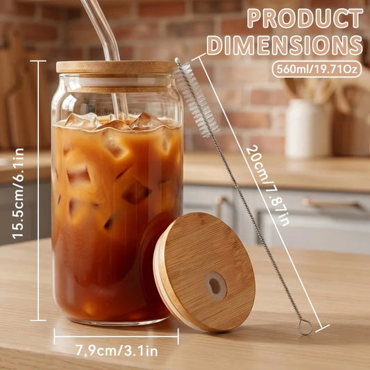 480ml Can Shaped Glass Cups with Bamboo Lids and Glass Straws, Clear Iced Coffee Glass Tumblers, Reusable Drinking Glasses for Juice, Cocktail, Soda, Beverage