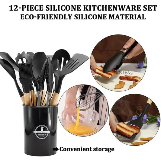 12Pcs Kitchen Utensil Set Silicone Spatula Set Wooden Handle Cooking Tools Kit with Holder Heat-Resistant Cookware for Kitchen