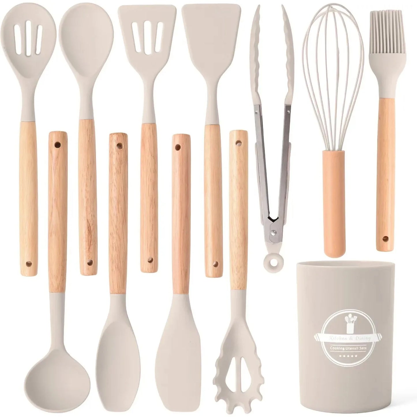 12Pcs Kitchen Utensil Set Silicone Spatula Set Wooden Handle Cooking Tools Kit with Holder Heat-Resistant Cookware for Kitchen