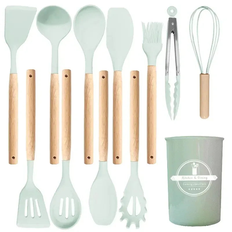 12Pcs Kitchen Utensil Set Silicone Spatula Set Wooden Handle Cooking Tools Kit with Holder Heat-Resistant Cookware for Kitchen