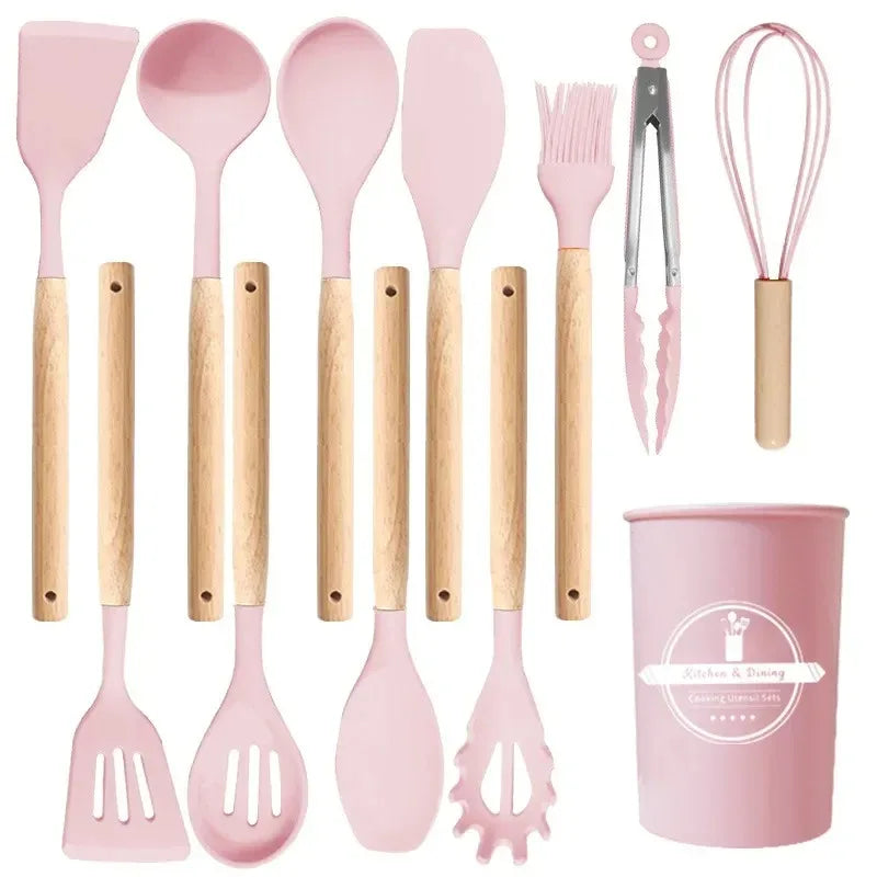 12Pcs Kitchen Utensil Set Silicone Spatula Set Wooden Handle Cooking Tools Kit with Holder Heat-Resistant Cookware for Kitchen
