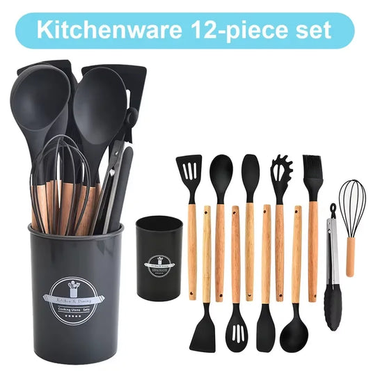 12Pcs Kitchen Utensil Set Silicone Spatula Set Wooden Handle Cooking Tools Kit with Holder Heat-Resistant Cookware for Kitchen