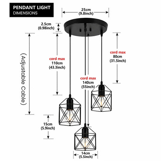 Industrial Vintage Pendant Light 3-Light Black Metal Cage Chandelier Modern Hanging Lamp for Kitchen Dining Room Living Room