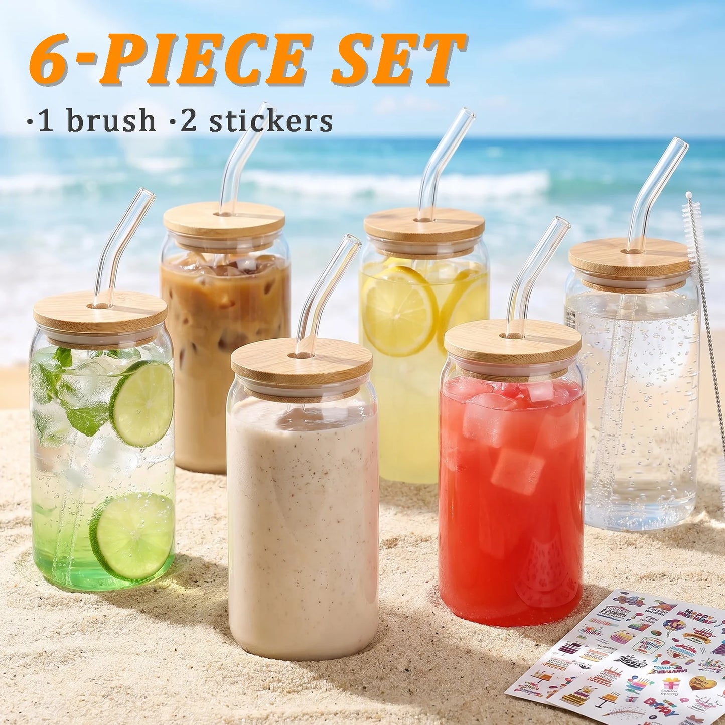 480ml Can Shaped Glass Cups with Bamboo Lids and Glass Straws, Clear Iced Coffee Glass Tumblers, Reusable Drinking Glasses for Juice, Cocktail, Soda, Beverage