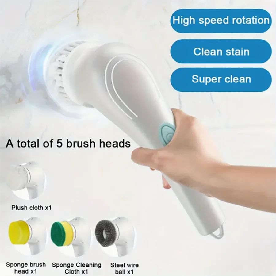 The five-in-one electric rotating cleaning brush features replaceable heads and supports USB charging. It can clean kitchens, fl