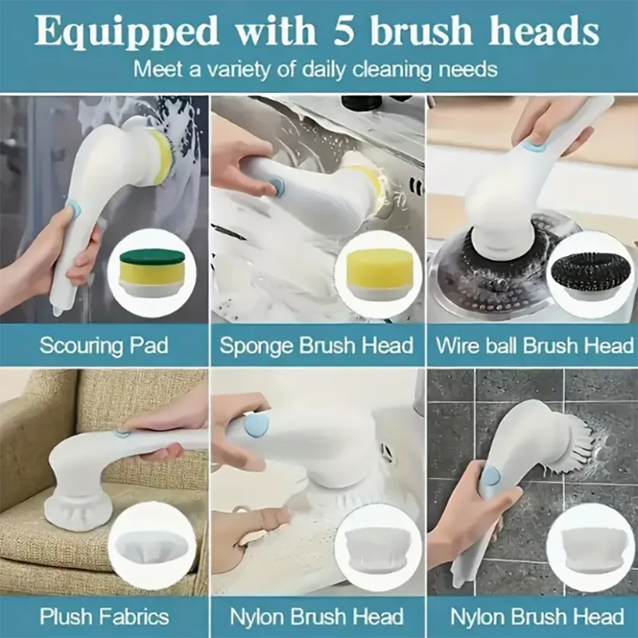 The five-in-one electric rotating cleaning brush features replaceable heads and supports USB charging. It can clean kitchens, fl