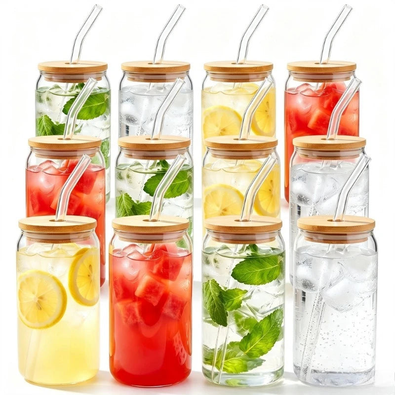 480ml Can Shaped Glass Cups with Bamboo Lids and Glass Straws, Clear Iced Coffee Glass Tumblers, Reusable Drinking Glasses for Juice, Cocktail, Soda, Beverage