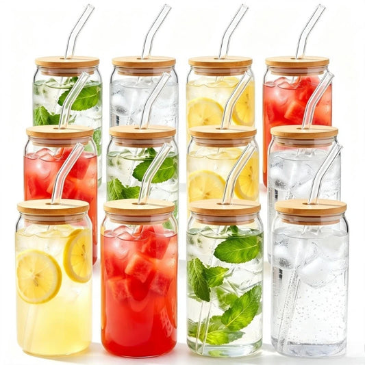 480ml Can Shaped Glass Cups with Bamboo Lids and Glass Straws, Clear Iced Coffee Glass Tumblers, Reusable Drinking Glasses for Juice, Cocktail, Soda, Beverage