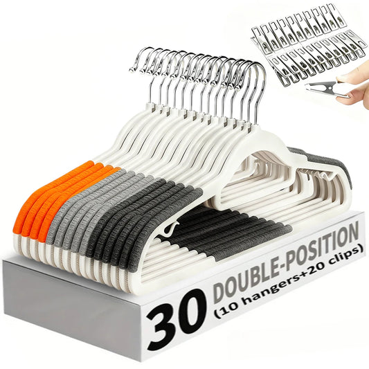 30pack (10 Velvet Hangers and 20 Clips), Heavy-duty Anti Slip Hanger for Wardrobe Organization,Various Color of Household Hanger