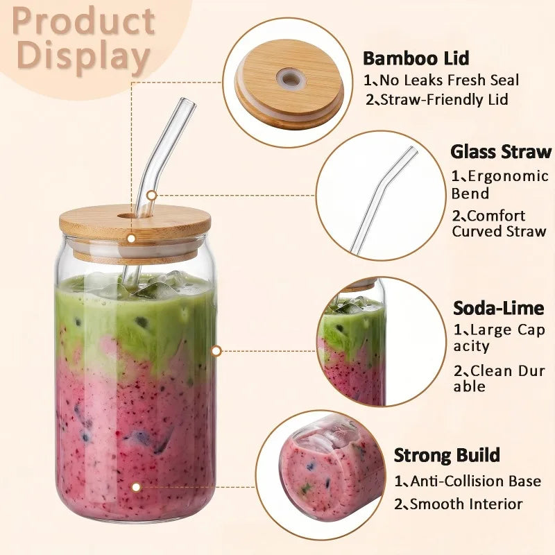 480ml Can Shaped Glass Cups with Bamboo Lids and Glass Straws, Clear Iced Coffee Glass Tumblers, Reusable Drinking Glasses for Juice, Cocktail, Soda, Beverage