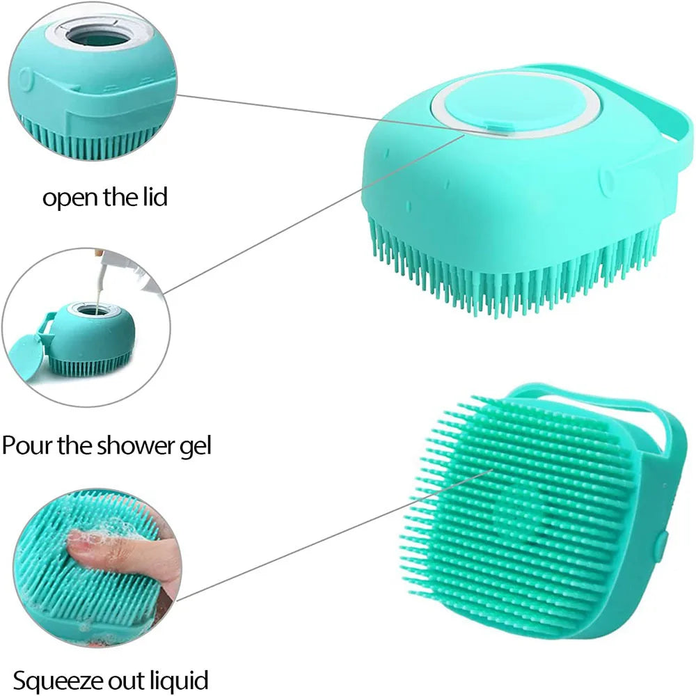 Dog Bathing Brush Pet Massage Brush Shampoo Dispenser Soft Silicone Brush Rubber Bristle for Dogs and Cats Shower Grooming Tool