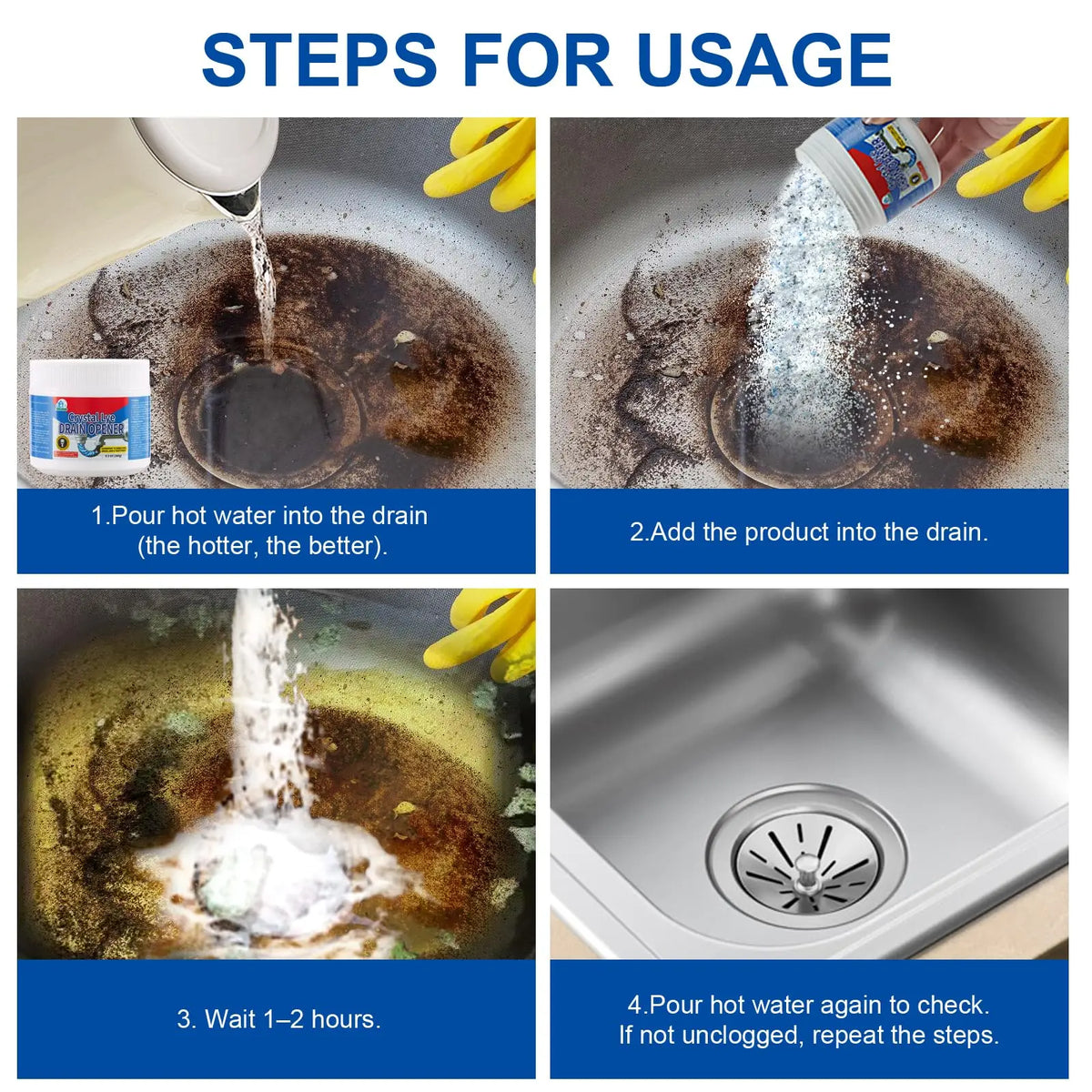 Crystal Lye Drain Opener 260g Powerful Pipe Cleaner Safe For Pipes Removes Hair Grease Soap And Toilet Paper Clogs