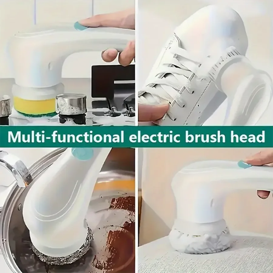 The five-in-one electric rotating cleaning brush features replaceable heads and supports USB charging. It can clean kitchens, fl