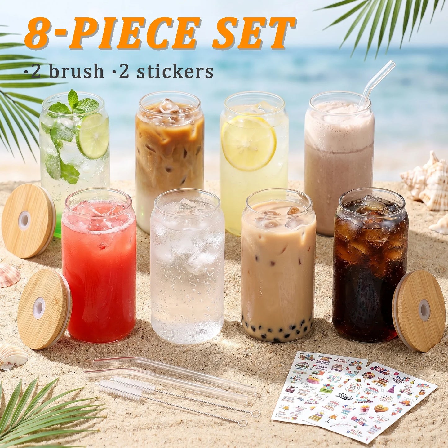 480ml Can Shaped Glass Cups with Bamboo Lids and Glass Straws, Clear Iced Coffee Glass Tumblers, Reusable Drinking Glasses for Juice, Cocktail, Soda, Beverage