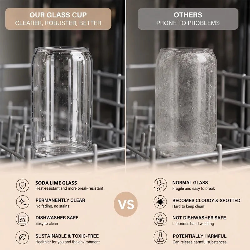 480ml Can Shaped Glass Cups with Bamboo Lids and Glass Straws, Clear Iced Coffee Glass Tumblers, Reusable Drinking Glasses for Juice, Cocktail, Soda, Beverage