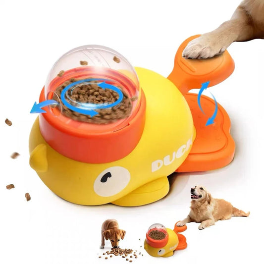 Juguete interactivo 2 en 1 para perros Dispensador automático de golosinas con diseño de pato de dibujos animados, comedero lento para mascotas para entrenamiento de perros