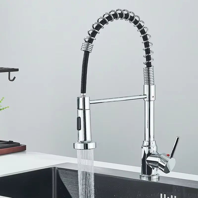 Kitchen Pull-Down Spring Faucet Single-Handle Hot and Cold Mixer Dual-Color Nozzle with 2 Water Modes 360-Degree Rotation