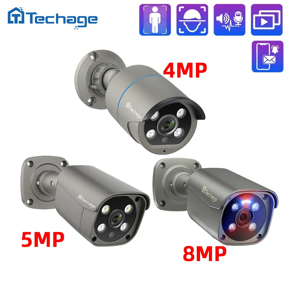 Techage 4MP 5MP 4K Security Metal POE IP Camera H.265 Outdoor Two Way Audio Video Surveillance AI IP Camera for NVR System