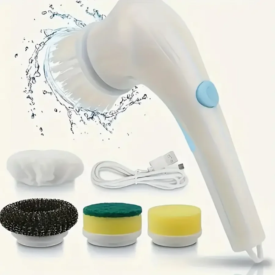 The five-in-one electric rotating cleaning brush features replaceable heads and supports USB charging. It can clean kitchens, fl