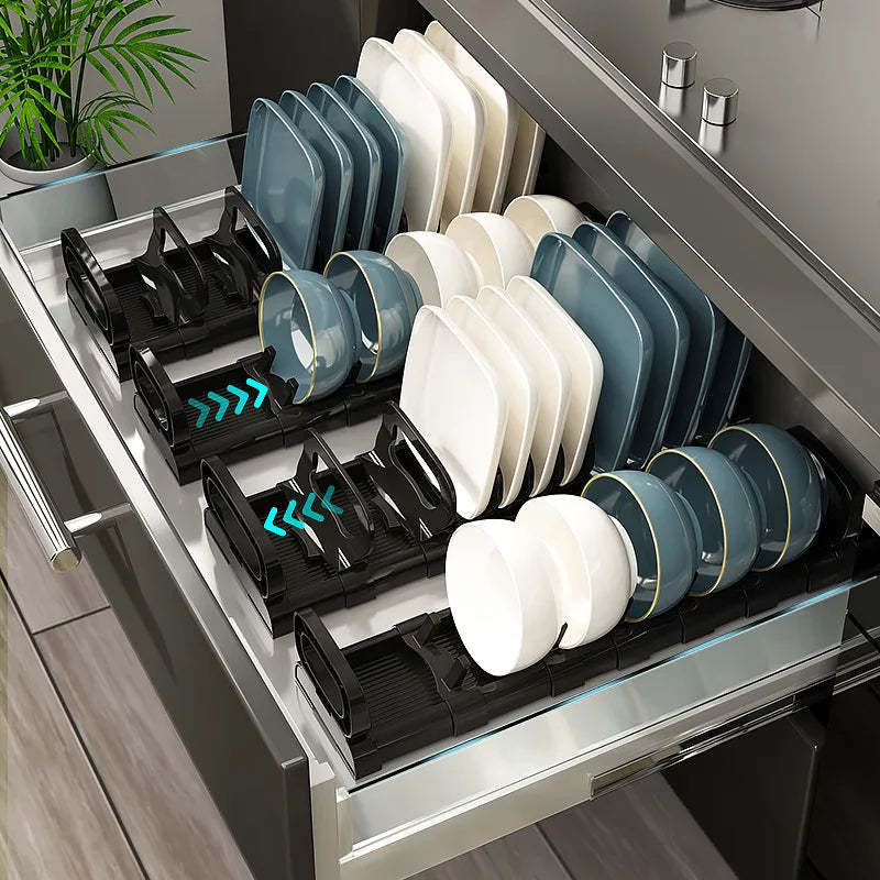 JUSTINLAU Under Cabinet Dishes Storage Holder Bowl Dish Rack Household Cabinet Drawer Dishes Drying Rack Adjustable Drain Rack