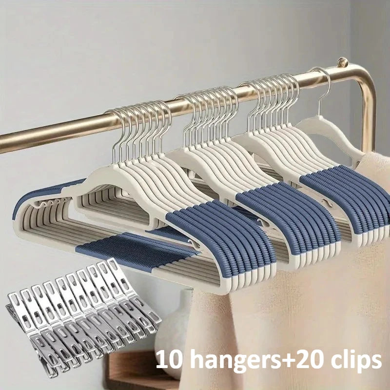 30pack (10 Velvet Hangers and 20 Clips), Heavy-duty Anti Slip Hanger for Wardrobe Organization,Various Color of Household Hanger