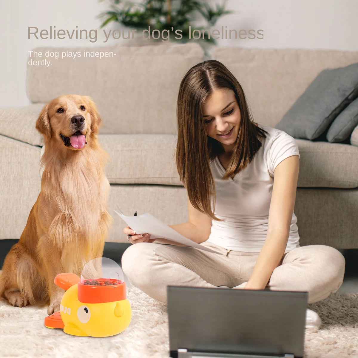 Juguete interactivo 2 en 1 para perros Dispensador automático de golosinas con diseño de pato de dibujos animados, comedero lento para mascotas para entrenamiento de perros