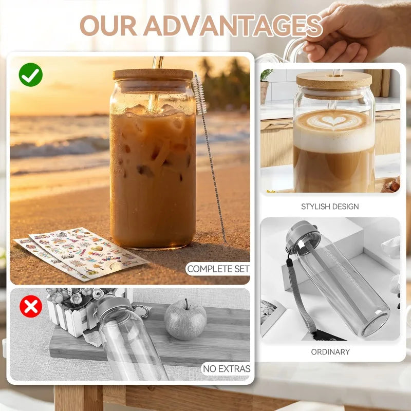 480ml Can Shaped Glass Cups with Bamboo Lids and Glass Straws, Clear Iced Coffee Glass Tumblers, Reusable Drinking Glasses for Juice, Cocktail, Soda, Beverage