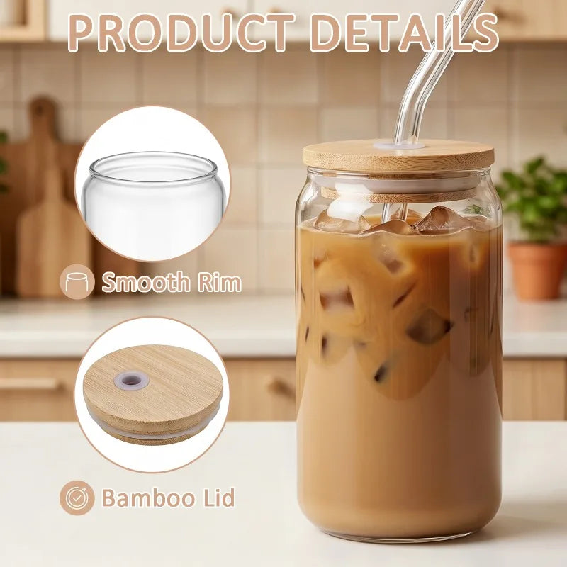 480ml Can Shaped Glass Cups with Bamboo Lids and Glass Straws, Clear Iced Coffee Glass Tumblers, Reusable Drinking Glasses for Juice, Cocktail, Soda, Beverage