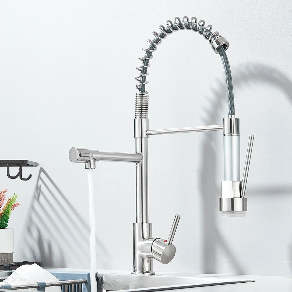 Kitchen Pull-Down Spring Faucet Single-Handle Hot and Cold Mixer Dual-Color Nozzle with 2 Water Modes 360-Degree Rotation