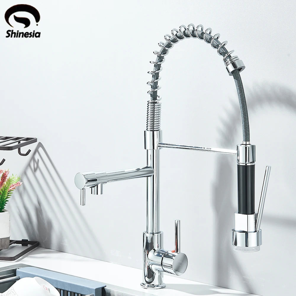 Kitchen Pull-Down Spring Faucet Single-Handle Hot and Cold Mixer Dual-Color Nozzle with 2 Water Modes 360-Degree Rotation