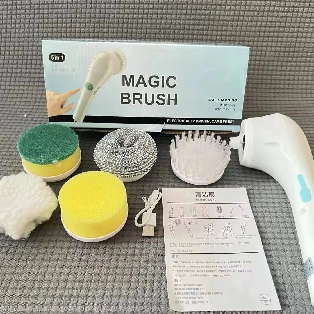 The five-in-one electric rotating cleaning brush features replaceable heads and supports USB charging. It can clean kitchens, fl